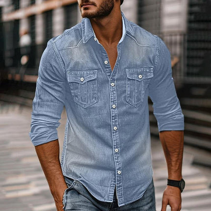 Men's Vintage Washed Denim Shirt | Distressed Lapel Design | Long Sleeve | Indigo Blue | Casual & Semi-Formal Versatility | Soft Cotton Fabric | Sizes S-2XL | Machine Washable