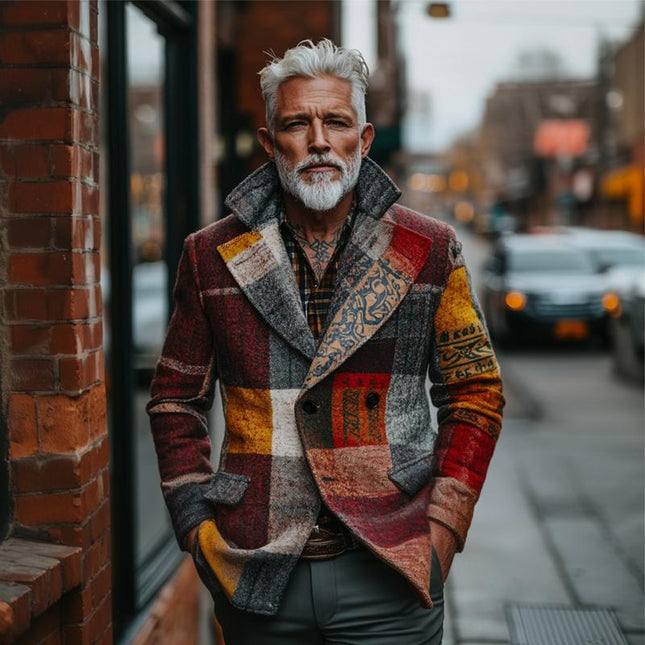 Men's Tweed Jacket | Retro Casual Style | Ethnic Inspired Prints | Long Sleeve | Mandarin Collar | Check Pattern | Versatile Outerwear | Sizes S-3XL | Durable Polyester Fabric | Comfortable Fit