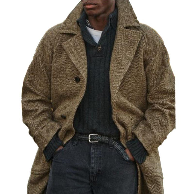 Men's Vintage Herringbone Coat | Mid-Length Wool Blend | Classic Notch Lapel | Buttoned Cuffs | Formal & Casual Wear | Charcoal Gray Navy Blue Black | Sizes S-3XL | Two Front Pockets | Single-Breasted