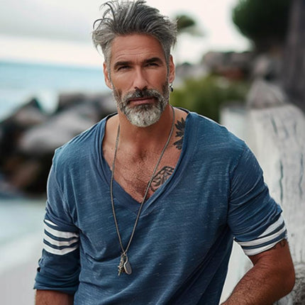 Men's V-Neck Striped Patchwork T-Shirt | Loose Fit Long Sleeve Cotton Shirt | Casual Modern Style | Breathable Premium Fabric | Comfortable All-Day Wear | Trendy Design for Everyday Outfit