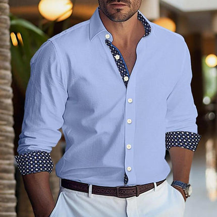 Men's Long Sleeve Dress Shirt | Printed Colorblock Design | Cotton Blend | Lapel Collar | Casual & Semi-Formal Wear