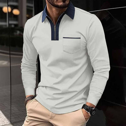 Men's Long Sleeve Polo Shirt | Color Block Design | Pocket Detail | Soft Cotton Blend | Buttoned Placket