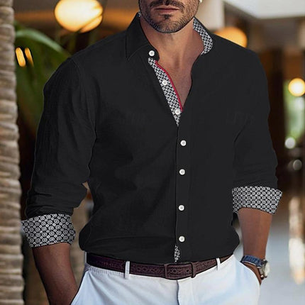 Men's Long Sleeve Dress Shirt | Printed Colorblock Design | Cotton Blend | Lapel Collar | Casual & Semi-Formal Wear