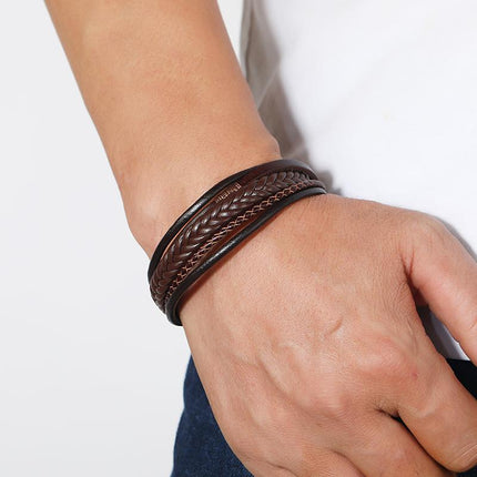 Men's Vintage Leather Bracelet | Handwoven Alloy Buckle | Magnetic Closure | 22.5cm Circumference | Stylish Accessory | 19g
