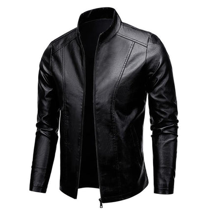 Men's Black Leather Jacket | Stand Collar | Long Sleeve | Zipper Closure | Side Seam Pockets | Handcrafted Quality | Casual Street Style | Charismatic & Trendy