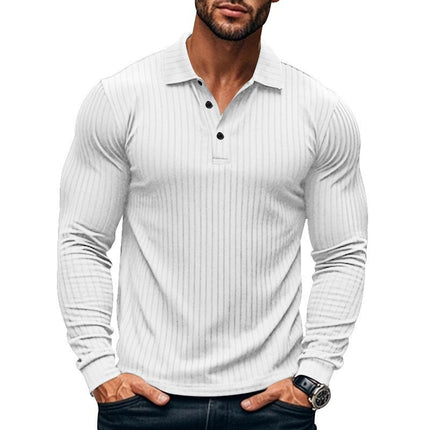 Men's Long Sleeve Polo Shirt | Casual Elastic Fit | Stretchy Fabric | Full-Length Sleeves | Classic Polo Collar | Button Placket | Available in Navy, Black, Gray, White, Burgundy | Comfortable & Versatile