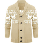Men's Elk Jacquard Knit Cardigan | Shawl Collar | Long Sleeve | Ribbed Cuffs | Soft Warm Durable Knit | Open-Front Design | Versatile Layering Piece | Fall Winter Wardrobe Essential