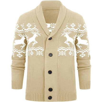 Men's Elk Jacquard Knit Cardigan | Shawl Collar | Long Sleeve | Ribbed Cuffs | Soft Warm Durable Knit | Open-Front Design | Versatile Layering Piece | Fall Winter Wardrobe Essential