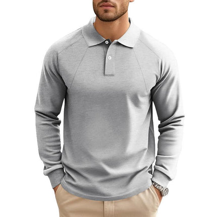Men's Long Sleeve Polo Shirt | Solid Color | Lapel Collar | Raglan Sleeves | Casual & Classic Style | Comfortable Cotton Blend | Relaxed Fit | Versatile for Everyday Wear