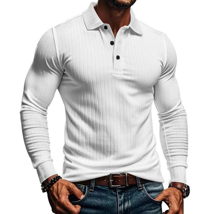 Men's Long Sleeve Polo Shirt | Casual Elastic Fit | Stretchy Fabric | Full-Length Sleeves | Classic Polo Collar | Button Placket | Available in Navy, Black, Gray, White, Burgundy | Comfortable & Versatile