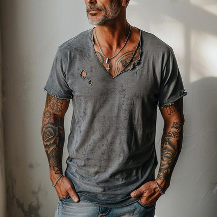 Men's V-Neck T-Shirt | Distressed Ripped Raw Edge | Short Sleeves | Solid Color | Breathable Fabric | Casual Comfortable Style | Rugged Urban Look | Versatile Everyday Wear