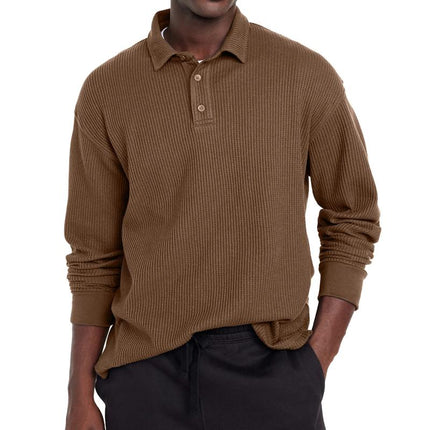 Men's Tailored Fit Polo Shirt | Solid Color | Button Lapel Collar | Long Sleeve | Cotton Blend Fabric | Casual & Semi-Formal | Versatile Styling | Breathable & Durable | Perfect for Transitional Weather