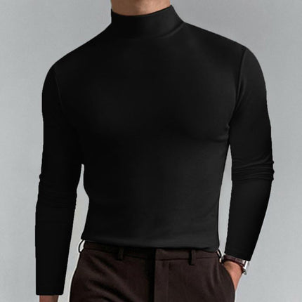 Men's Long Sleeve T-Shirt | High Neck | Solid Color | Fitted Cut | Casual Wear | Breathable Fabric | Versatile Styling | Suitable for Fall Winter | Modern Silhouette | Comfortable Everyday Top
