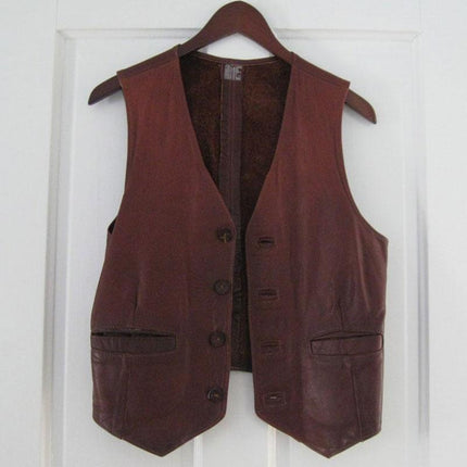Vintage Leather Vest | 1960s-70s Men's Custom Handcrafted | Brown | Provincetown | Front Pockets | Four Leather Buttons | Chestnut Brown Outerwear