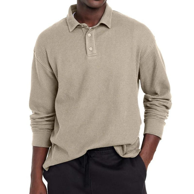 Men's Tailored Fit Polo Shirt | Solid Color | Button Lapel Collar | Long Sleeve | Cotton Blend Fabric | Casual & Semi-Formal | Versatile Styling | Breathable & Durable | Perfect for Transitional Weather