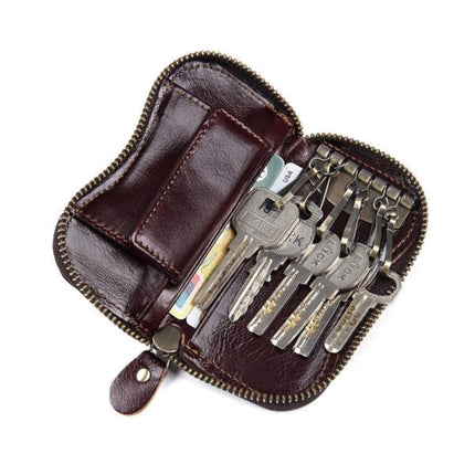 Vintage Leather Key Case | Premium Soft Leather | Slim & Lightweight Design | Durable Metal Key Buckle for Easy Access | Solid Wear-Resistant Zipper | Small Button Coin Wallet | Holds 6 Keys