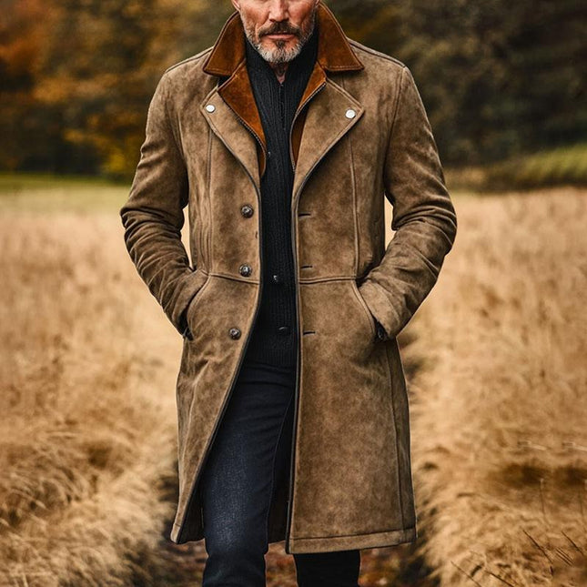 Men's Vintage Suede Coat | Double Collar | Mid-Length | Timeless Elegance | Long Sleeve | High-Quality Fabric | Stylish Outerwear | Classic Styling | Modern Gentleman