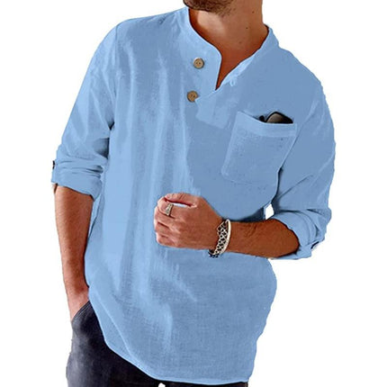 Men's Long Sleeve Shirt | Cotton Linen Blend | Casual Loose Fit | Solid Color | Roll-Up Sleeves | Breathable Comfortable Wear | Versatile for Casual or Semi-Formal | Sustainable Eco-Friendly