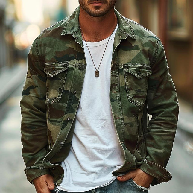 Men's Camouflage Canvas Jacket | Retro Wear | Lapel Collar | Classic Design | Durable Comfortable Outerwear | Timeless Style | Versatile Outfit | Perfect All-Seasons Fashion
