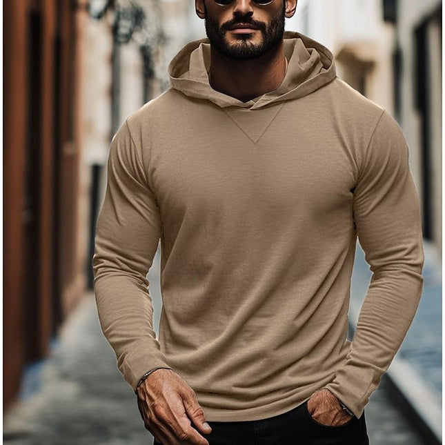 Men's Hooded Long Sleeve T-Shirt | Casual Solid Color | Relaxed Fit | Soft Cotton Blend | Pullover Style | Versatile Layering | Everyday Wear | Comfortable Hip-Length | Breathable Fabric