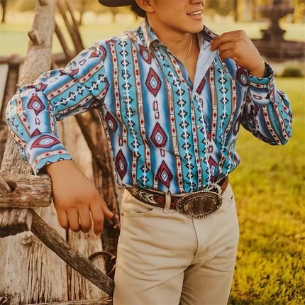 Men's Western Denim Shirt | Stripe Printed | Long Sleeve | Button Down | Snap Closures | Casual Vacation Style | Classic Blue | Breathable Cotton Blend | Ideal for Casual Outings & Vacations