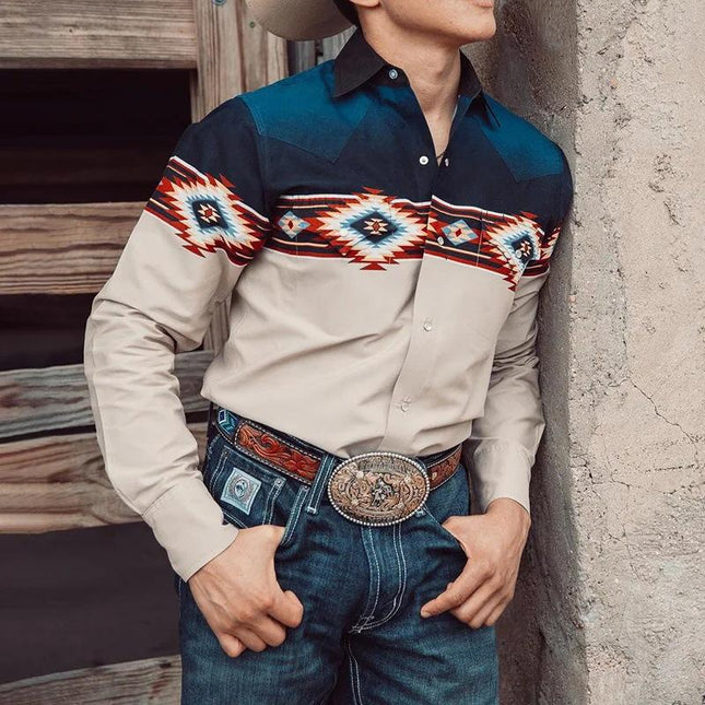 Men's Western Style Denim Print Shirt | Lapel Collar | Long Sleeve | Smart-Casual | High-Quality Fabric | Versatile Colors | Modern Fashionable Design | Multiple Size Options
