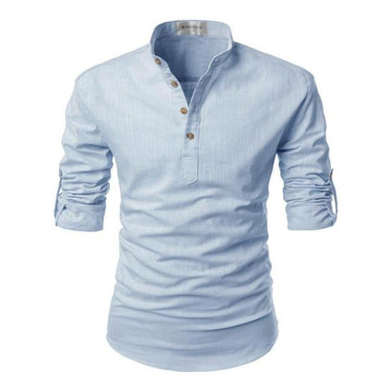 Men's 100% Cotton Linen Solid Color Stand Collar Dress Shirt | Long Sleeve | Neck Button Design | Casual Spring Summer Shirt | Breathable & Soft Fabric