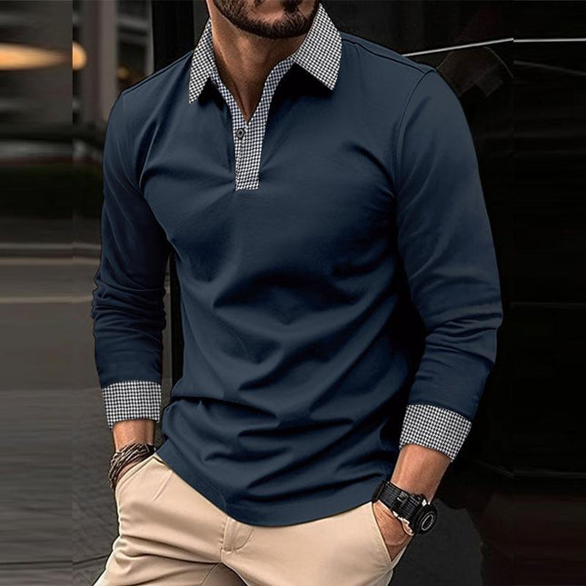 Men's Modern Fit Plaid Patchwork Polo Shirt | Long-Sleeve | Stylish Casual Wear