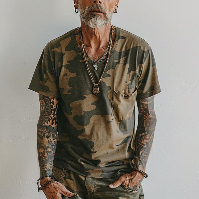 Men's Camo Print V-Neck T-Shirt | Short Sleeve | Chest Pocket | Vintage Style | Cotton | Casual Outdoor Wear | Breathable Fit | Rugged Design