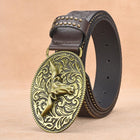 Men's Leather Belt | Western Cowboy Style | Vintage Rivet Embossed | Rugged Design | Genuine Leather | Adjustable Metal Buckle | Classic Brown & Tan Options | Durable Fashion Accessory for Casual Attire