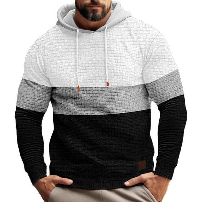 Men's Long Sleeve Hooded Sweatshirt | Color Block Pattern | Textured Waffle Fabric | Casual Comfort | Versatile Casual Wear | Cozy Hood for Warmth | Modern Design | Ideal for Spring & Autumn