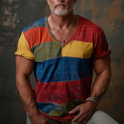 Men's V-Neck Colorblock Short Sleeve T-Shirt | Regular Fit | Soft Cotton Blend | Casual Style for Spring Summer | Sizes Available | Ideal for Everyday Wear | Machine Washable