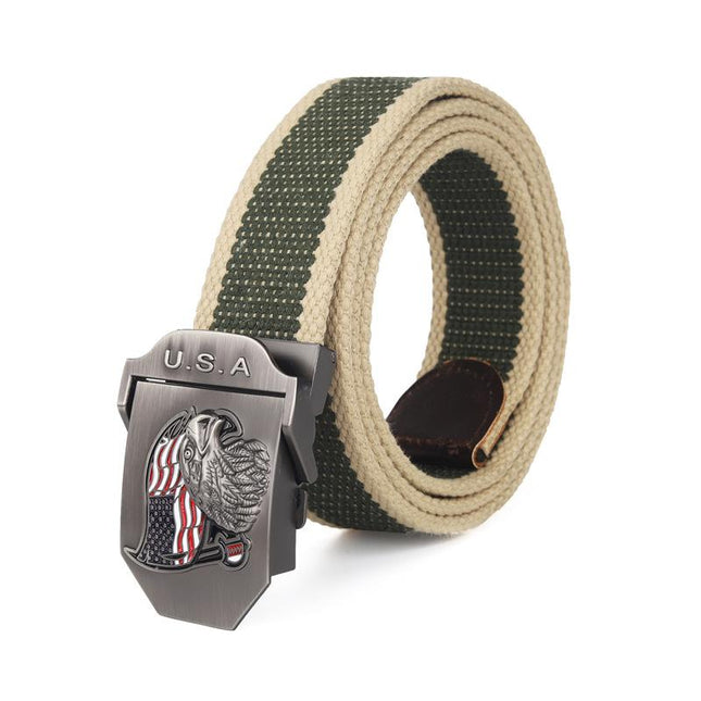Men's Patriotic Canvas Belt | USA Eagle Flag Design | Automatic Smooth Buckle | Durable Everyday Accessory | Adjustable Fit | Casual to Semi-Formal Use | High-Quality Craftsmanship | Stylish & Comfortable