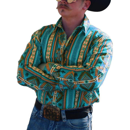 Men's Western Denim Shirt | Stripe Printed | Long Sleeve | Button Down | Snap Closures | Casual Vacation Style | Classic Blue | Breathable Cotton Blend | Ideal for Casual Outings & Vacations