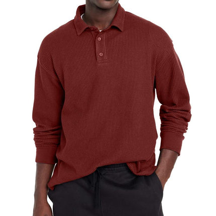 Men's Tailored Fit Polo Shirt | Solid Color | Button Lapel Collar | Long Sleeve | Cotton Blend Fabric | Casual & Semi-Formal | Versatile Styling | Breathable & Durable | Perfect for Transitional Weather