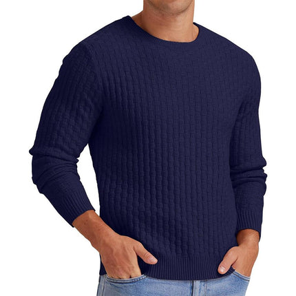 Men's Sweater | Waffle Knit | Solid Color | Crew Neck Pullover | Long Sleeve | Versatile Casual | Classic Fit | Breathable Soft Fabric | Available in Black Navy Grey Olive | Ideal for Layering | Comfortable Style