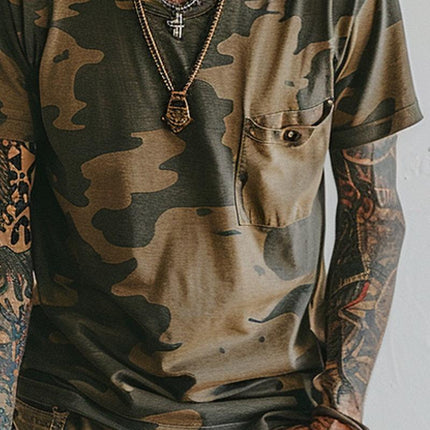 Men's Camo Print V-Neck T-Shirt | Short Sleeve | Chest Pocket | Vintage Style | Cotton | Casual Outdoor Wear | Breathable Fit | Rugged Design