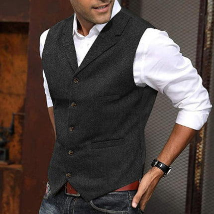 Men's Slim Fit Herringbone Suit Vest | Vintage Style | Single Breasted | Notch Lapel | Wool Blend | Elegant Formal & Smart Casual Layering | Adjustable Back Strap | Versatile Colors & Sizes