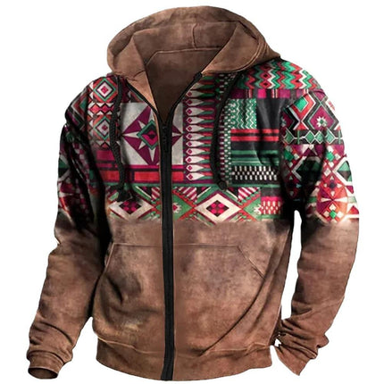 Men's Hooded Zipper Hoodie | Retro Ethnic Geometric Print | Casual Sweatshirt | Blended Fabric | Long Sleeve | Regular Fit | All Season Wear | Multiple Sizes