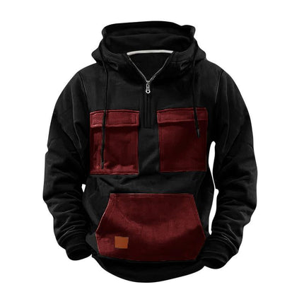 Men's Colorblock Design Half Zip Hoodie | Front Pocket | Casual Sportswear | Soft Cotton Blend | Breathable and Durable | Regular Fit | Long Sleeves with Ribbed Cuffs | Modern Stand Collar | Adjustable Ventilation