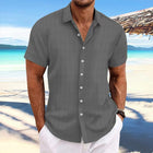 Men's Cotton Linen Blend Shirt | Stripe Print | Loose Short Sleeve | Lapel Collar | Breathable Fabric | Casual Dress Shirt