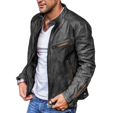 Men's Vintage PU Leather Biker Jacket | Stand Collar | Punk Style | Zipper Design | Distressed Motorcycle Look | Multiple Pockets | Metal Zippers | Winter Outerwear | Fashion Forward | All Weather
