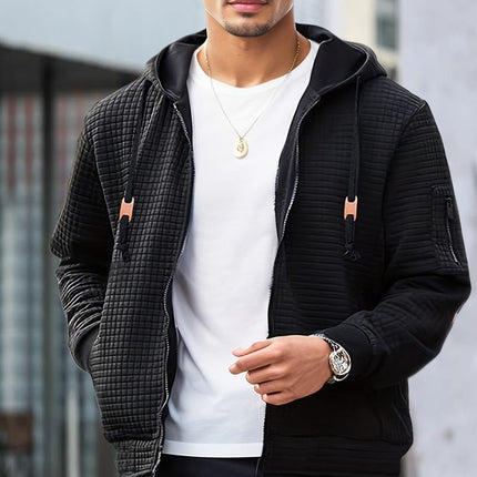 Men's Hooded Waffle Sport Jacket | Casual Lightweight Outerwear | Breathable Knit | Long Sleeve with Ribbed Cuffs | Adjustable Drawstring Hood | Front Zip Closure | Multiple Sizes & Colors