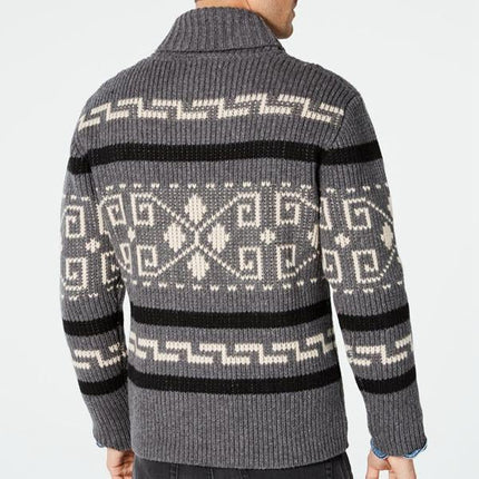 Men's Knitted Cardigan Jacket | Geometric Print Lapel | Zipper Closure | Loose Fit | Long Sleeve | Cozy Sweater for Spring Autumn Winter