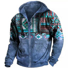 Men's Hooded Zipper Hoodie | Retro Ethnic Geometric Print | Casual Sweatshirt | Blended Fabric | Long Sleeve | Regular Fit | All Season Wear | Multiple Sizes