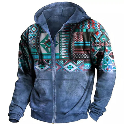 Men's Hooded Zipper Hoodie | Retro Ethnic Geometric Print | Casual Sweatshirt | Blended Fabric | Long Sleeve | Regular Fit | All Season Wear | Multiple Sizes
