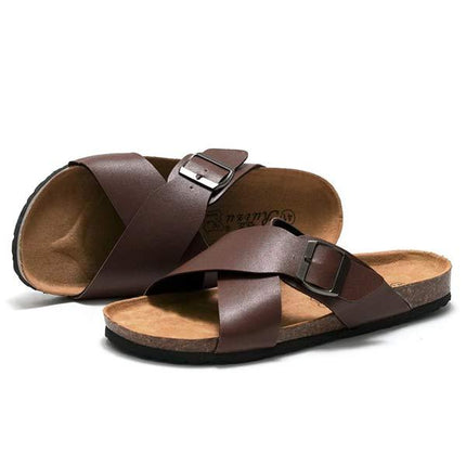 Men's Cross Strap Sandals | Soft Leather Upper | Cork Midsole | Slip-On Style | Durable EVA Outsole | Ideal for Summer Activities