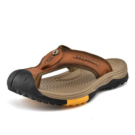 Men's Protective Toe Slip-On Flip-Flops | Vintage Leather Upper | Anti-Collision Toe Cap | Durable Rubber Outsole | Non-Slip Sole | Beach Vacation Essentials