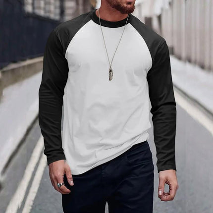 Men's Long Sleeve T-Shirt | Retro Colorblock Design | Round Neck | Casual Style | Polyester-Cotton Blend | Sizes S to 3XL | Fashionable Everyday Wear | Comfort & Durability
