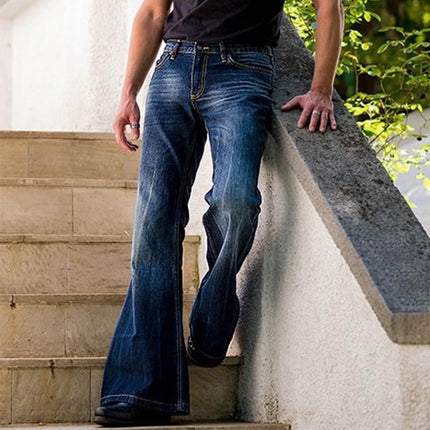 Men's Vintage Washed Denim Flared Jeans | Distressed Details | Retro 5-Pocket Style | Button Fly | Mid-Rise Waist | Classic Design | Trendy Men's Fashion | Durable Denim | Stylish Vintage Look